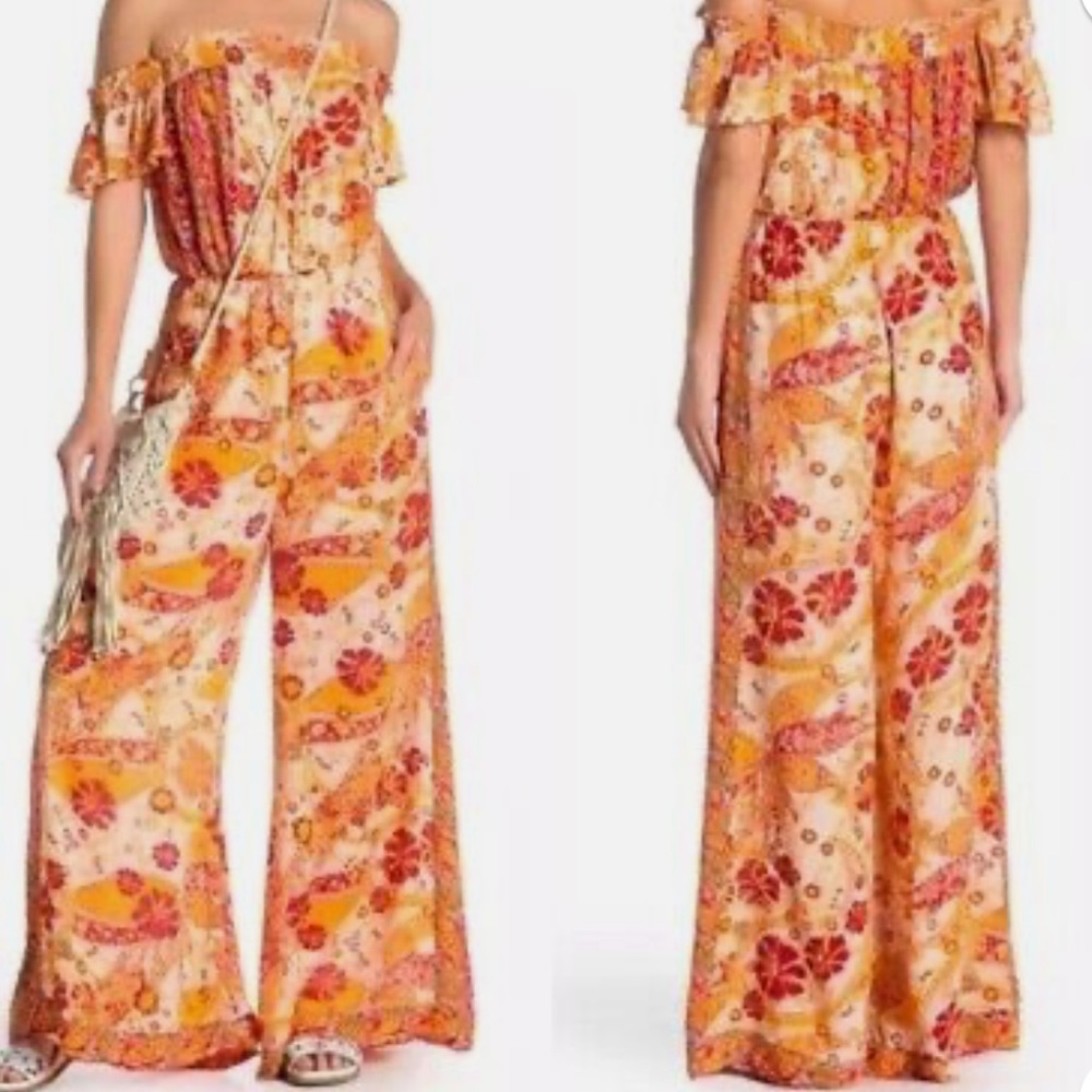 FREE PEOPLE Carmen Paisley Off Shoulder Orange Wide Leg Jumpsuit Size XS
